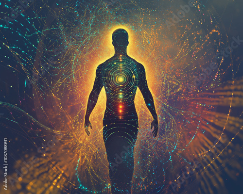 The person’s energy field represented as concentric circles or spirals of light around their body, with glowing chakra points connected by energy threads or waves.