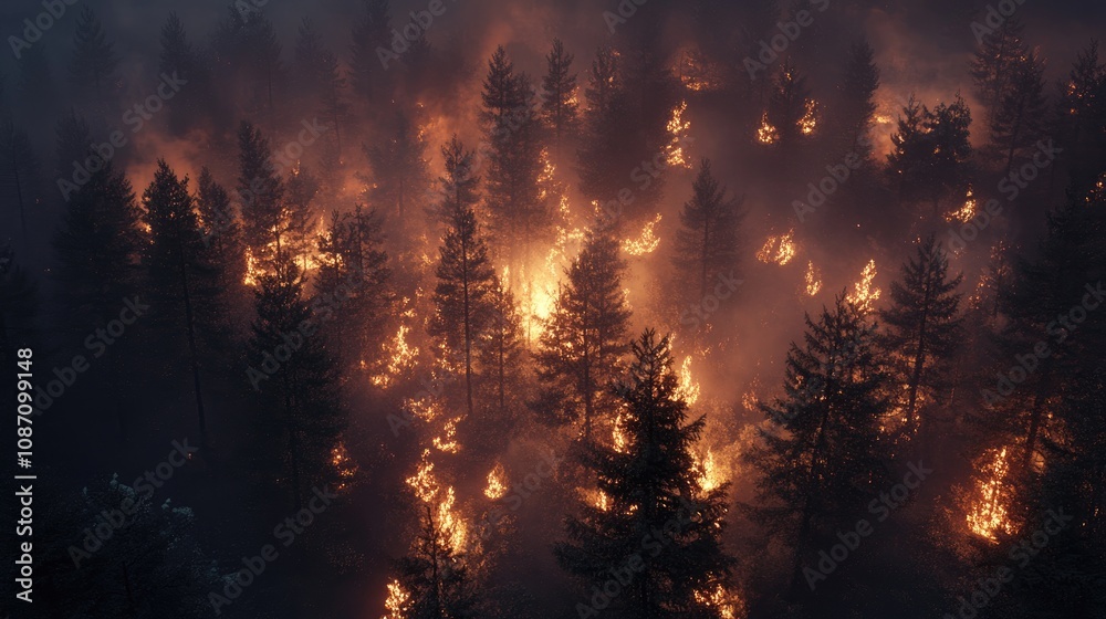 Naklejka premium Intense wildfire engulfing a dense forest at night, with flames devouring pine trees and thick smoke rising, highlighting the destruction caused by extreme heat and dry conditions.