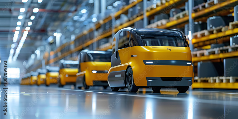 Autonomous Vehicles in Industrial Warehouse, High-Tech Automated Transportation in Facility Autonomous Vehicles in Industrial Warehouse, High-Tech Automated Transportation in Facility