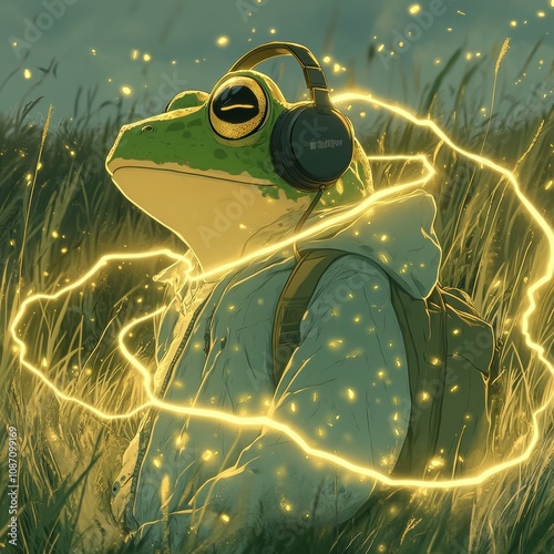 Anime inspired lofi frog wearing headphones, surrounded by a lightning power effect, set against a grassy landscape background. photo