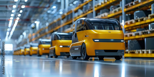 Autonomous Vehicles in Industrial Warehouse, High-Tech Automated Transportation in Facility