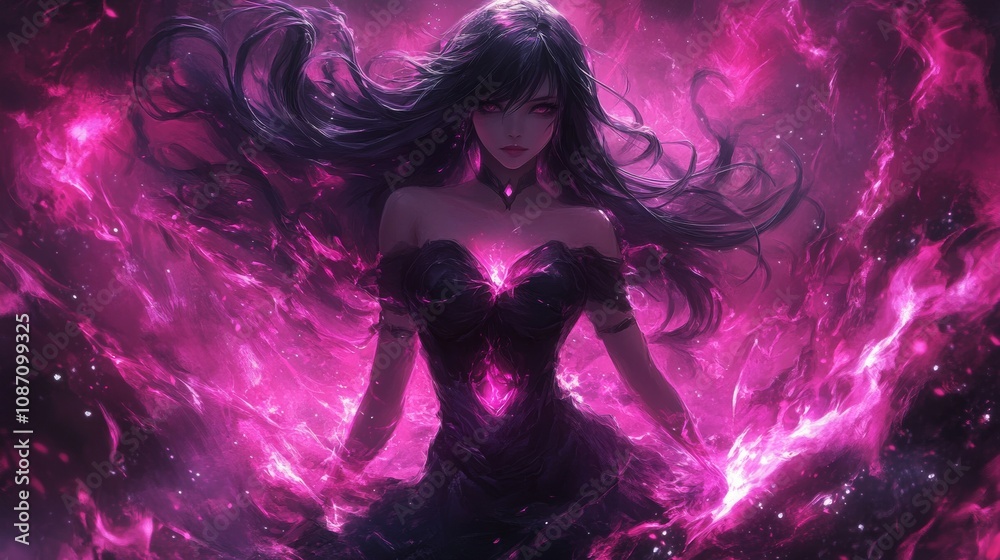 Anime-inspired character design featuring a girl with long dark purple hair in a glowing black dress, reminiscent of League of Legends aesthetics Anime-inspired character design featuring a girl with long dark purple hair in a glowing black dress, reminiscent of League of Legends aesthetics