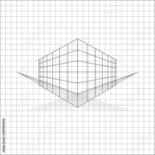 Image of perspective grid for constructing complex geometric shapes, building facades on notebook sheet of checkered paper. School paper sheet lined in cage mathematical drawing of perspective grid