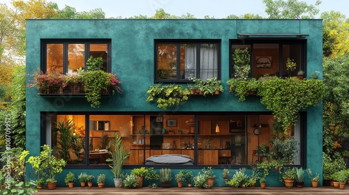 Modern green home adorned with plants and large windows.