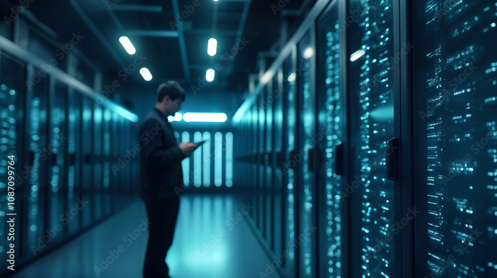 Inside a Modern Data Center: A High-Quality Electronic Scene with Glowing Servers and a Dedicated Technician Representing Technological Reliability Inside a Modern Data Center: A High-Quality Electronic Scene with Glowing Servers and a Dedicated Technician Representing Technological Reliability