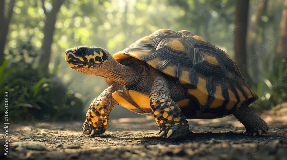 Obraz premium Radiated tortoise navigating through a lush forest environment, showcasing its unique yellow and black patterned shell under soft sunlight.