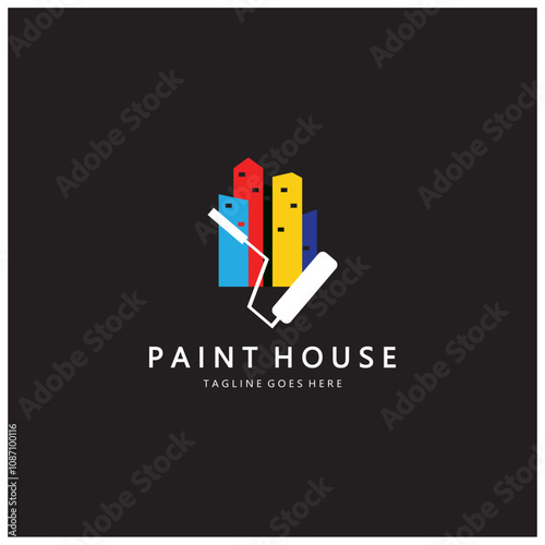 logo icon illustration house paint with a blend of brushes and rollers for house wall paint design, minimalist house, painting, interior, building, property business, wallpaper, vector concept