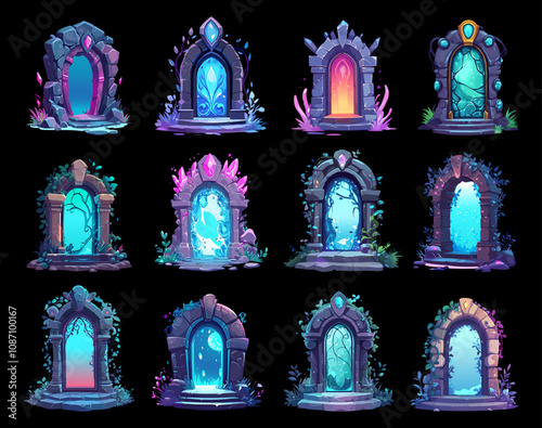 Magic portal set. Front view. Fantasy game fairytale door. Stone arch of gateways to worlds of adventure teleportation to mystical reals. Cartoon style vector clipart collection. Isolated on dark