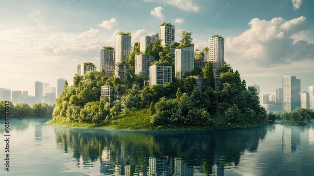 3D visualization of a sustainable city on a lush island, showcasing modern buildings integrated with nature, emphasizing environmental conservation and ESG principles. 3D visualization of a sustainable city on a lush island, showcasing modern buildings integrated with nature, emphasizing environmental conservation and ESG principles.