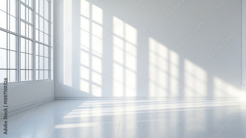 Spacious Minimalist White Room Bathed in Soft Natural Light with Shadows Creating a Calm Atmosphere for Creative and Mindful Activities Spacious Minimalist White Room Bathed in Soft Natural Light with Shadows Creating a Calm Atmosphere for Creative and Mindful Activities