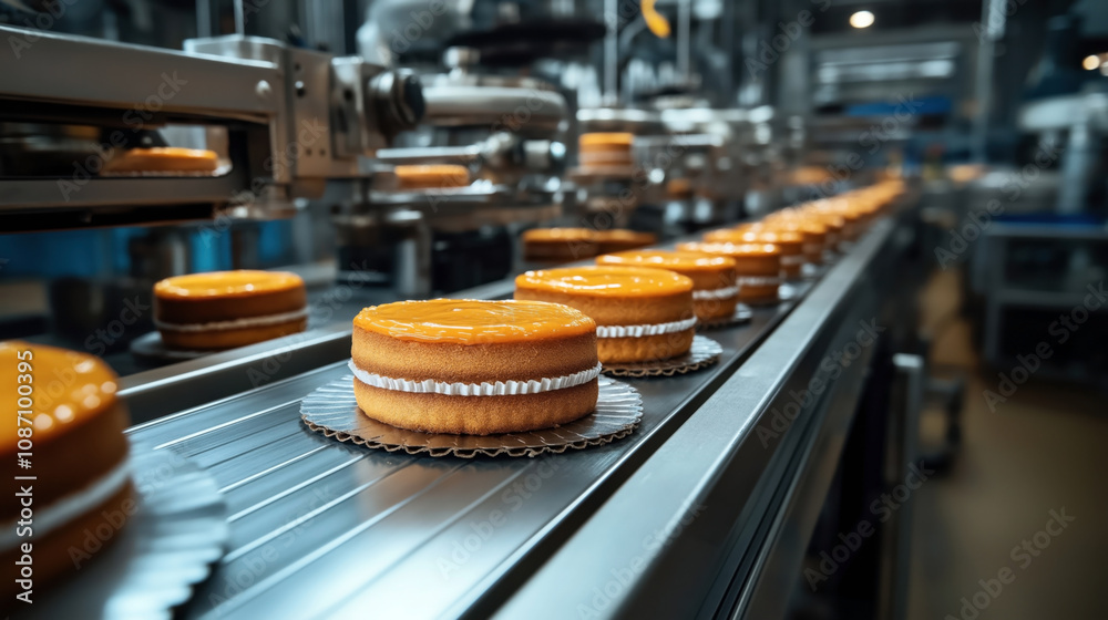 Automated production line with round layered cakes in a bakery factory, showcasing cakes with orange glaze being processed and moved along a conveyor belt in an industrial setting. Automated production line with round layered cakes in a bakery factory, showcasing cakes with orange glaze being processed and moved along a conveyor belt in an industrial setting.