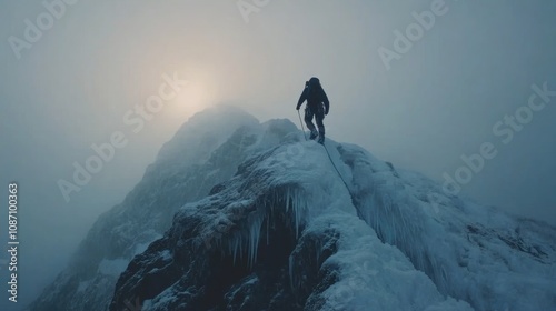 Mountain climber navigating a treacherous icy ridge shrouded in fog, battling severe cold and low oxygen at high altitude. Sunlight glimmers through the mist. photo