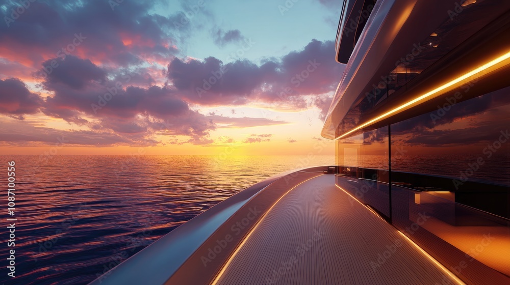 Obraz premium Luxury yacht gliding through calm waters under a vibrant sunset sky, showcasing sleek design and warm lighting against a beautiful ocean backdrop.