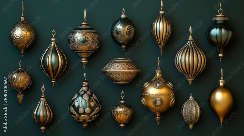 3d rendered green background golden vibrant christmas tree ornaments 3d rendered green background golden vibrant christmas tree ornaments
