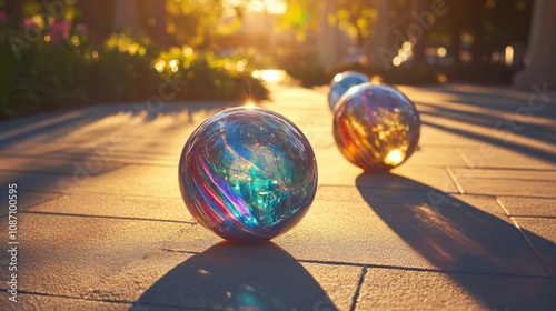 Colorful glass marbles resting on a sunlit sidewalk, reflecting warm golden light and casting vibrant shadows in a serene outdoor setting.