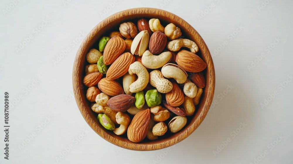 Overhead view of a round wooden bowl brimming with a colorful assortment of nuts, including almonds, walnuts, and cashews, against a clean white background. Overhead view of a round wooden bowl brimming with a colorful assortment of nuts, including almonds, walnuts, and cashews, against a clean white background.