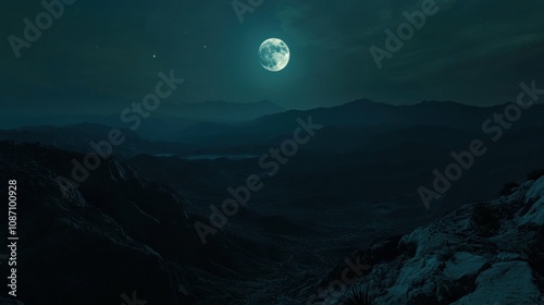 Spectacular view of a full moon over rugged mountains, dark night sky, mysterious ambiance, starlit scene, nature's beauty, sense of solitude