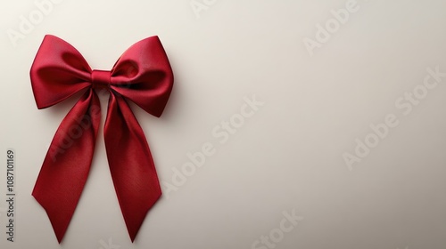 Elegant red satin bow with trailing tails on a light white background, perfect for festive occasions and celebration-themed designs.