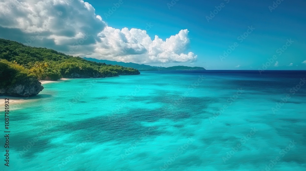Aerial view of a tranquil coastline showcasing brilliant turquoise waters and lush green hills under a partly cloudy sky. Aerial view of a tranquil coastline showcasing brilliant turquoise waters and lush green hills under a partly cloudy sky.