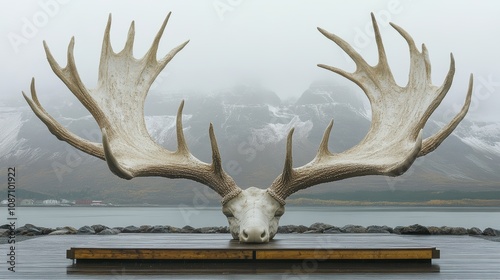 Majestic Moose Antlers Displayed on a Wooden Platform Amidst a Foggy Mountain and Lake Background, Creating a Scenic and Serene Ambiance photo