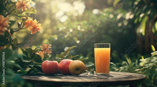 Vibrant apples and a refreshing glass of juice displayed on a wooden table amidst a lush garden glowing in warm sunlight.