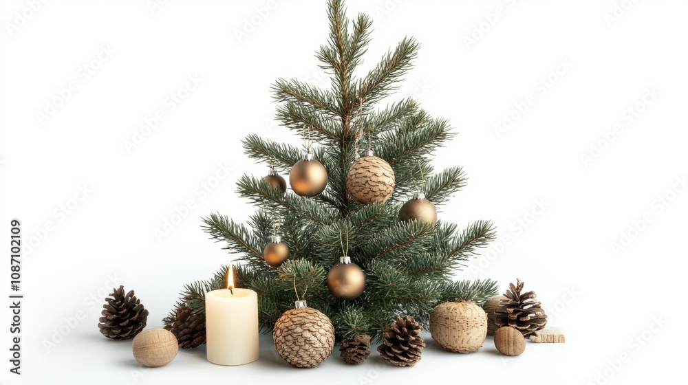 small minimalistic christmas tree with soft cream ornaments and candle against white background small minimalistic christmas tree with soft cream ornaments and candle against white background