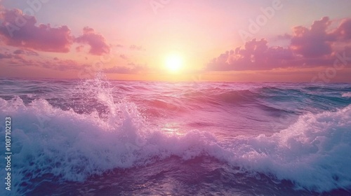 Calming ocean waves crashing under a pastel pink sunset