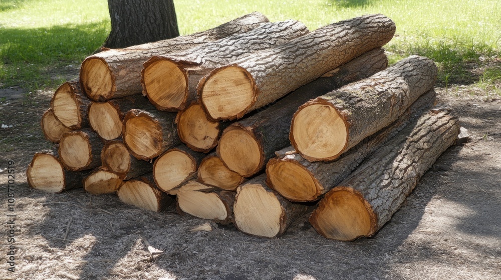 Stacked freshly cut tree logs in a woodland setting, displaying exposed wood grain and bark, surrounded by green grass and trees. Stacked freshly cut tree logs in a woodland setting, displaying exposed wood grain and bark, surrounded by green grass and trees.