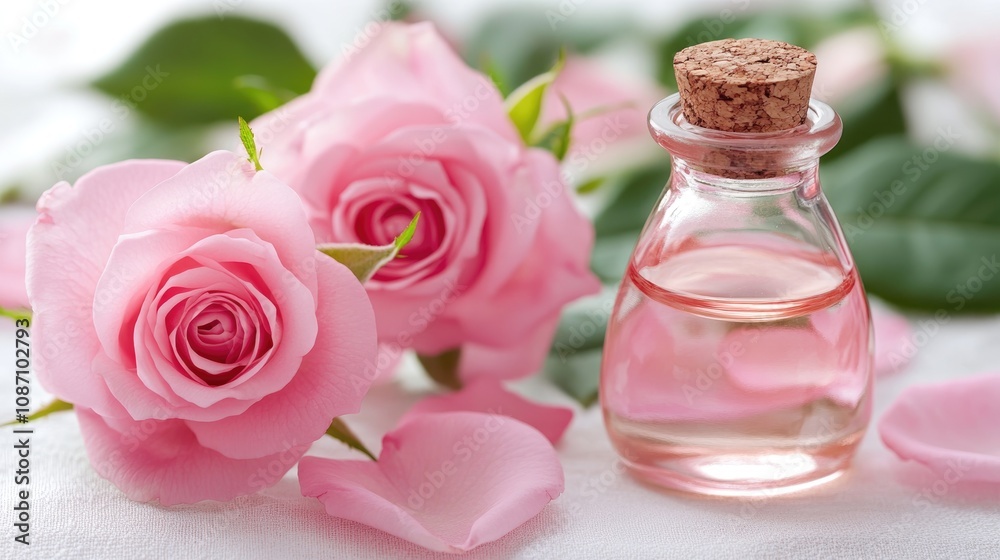 Rose essential oil bottle surrounded by fresh pink roses and petals, set on a white surface, evoking spa aromatherapy and beauty themes. Rose essential oil bottle surrounded by fresh pink roses and petals, set on a white surface, evoking spa aromatherapy and beauty themes.