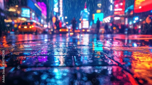 Cinematic view of a rainy cityscape, neon reflections, vibrant colors, bustling urban life, cyberpunk aesthetic, rich textures, energetic and atmospheric night scene.