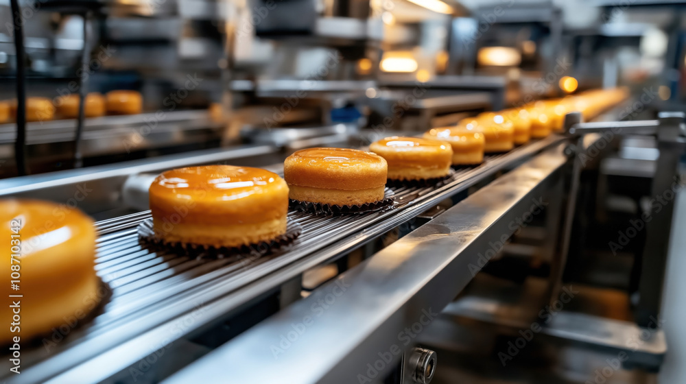 Production line in a bakery factory with rows of glazed cakes on a conveyor belt in a modern industrial setting. Production line in a bakery factory with rows of glazed cakes on a conveyor belt in a modern industrial setting.