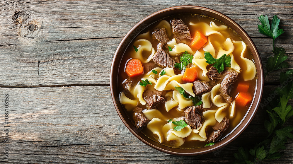 Close-up of hearty beef noodle soup in a modern bowl on a rustic wooden table, garnished with fresh parsley and vegetables. Comfort food photography. Close-up of hearty beef noodle soup in a modern bowl on a rustic wooden table, garnished with fresh parsley and vegetables. Comfort food photography.