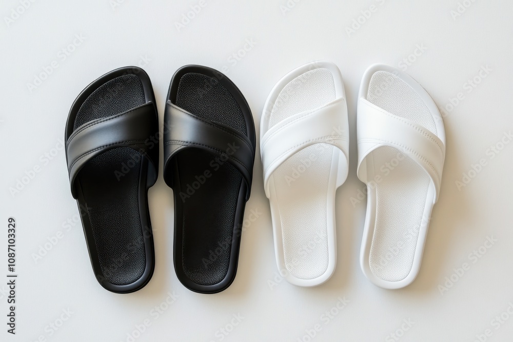Black and white slip-on sandals placed side by side on white background for footwear mockups and branding Black and white slip-on sandals placed side by side on white background for footwear mockups and branding