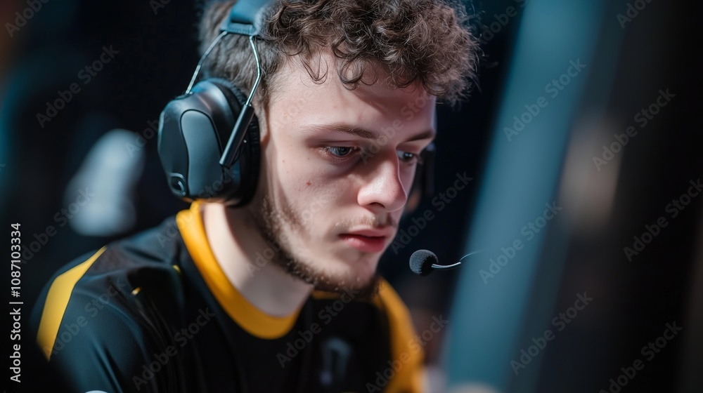 A young man wearing a headset intently watches a screen during a competitive gaming match A young man wearing a headset intently watches a screen during a competitive gaming match