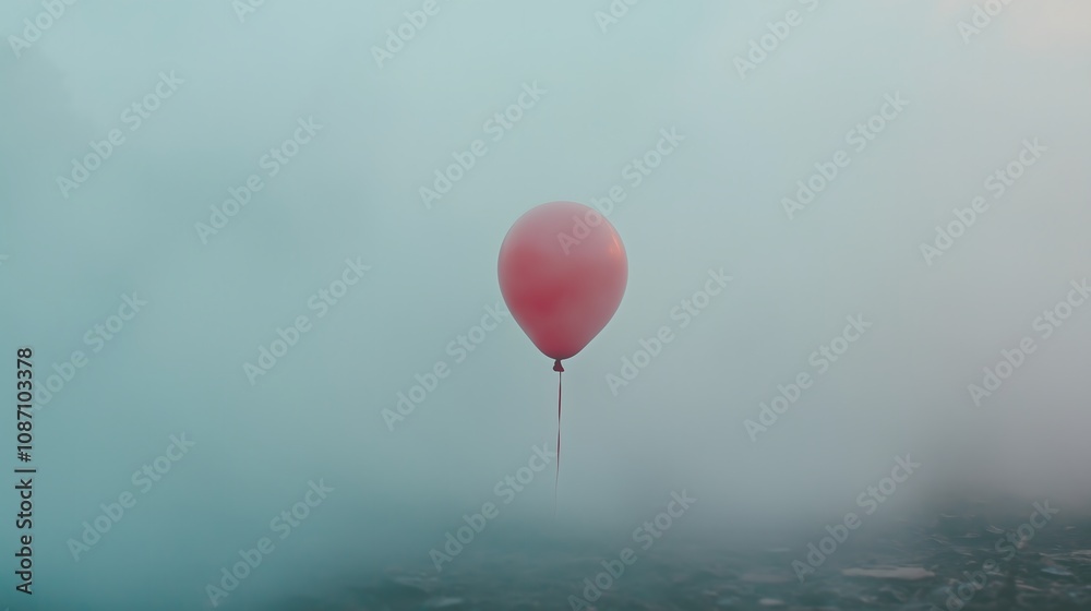 Pink balloon floating alone in misty foggy sky with moody teal background, copy space Pink balloon floating alone in misty foggy sky with moody teal background, copy space