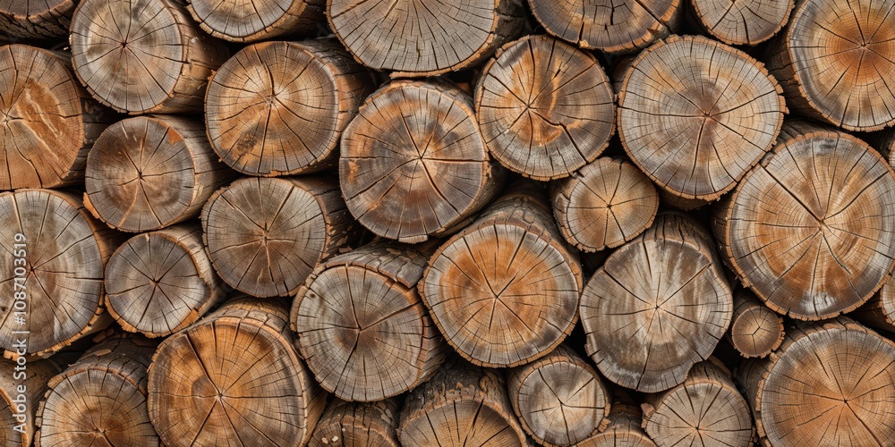 Stacked wood logs showing circular cut grain patterns. Natural brown wooden tree trunk cross sections with growth rings and radial cracks. Rustic forestry background texture. 8k banner backdrop Stacked wood logs showing circular cut grain patterns. Natural brown wooden tree trunk cross sections with growth rings and radial cracks. Rustic forestry background texture. 8k banner backdrop