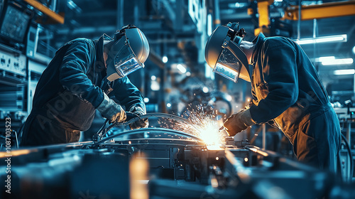 Two workers in protective gear welding metal on a high-tech factory floor, with sparks flying in an industrial and technologically advanced environment.