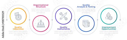 QMS methodology infographic circles. Organizational structure, quality instruments. Analysis, testing. Editable thin line icons diagram process with 5 steps. Montserrat-SemiBold, Regular fonts used