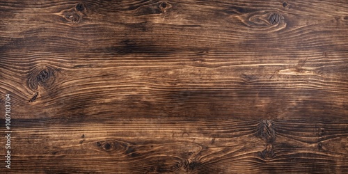Rich brown stained wood planks with dramatic grain patterns and knots. Dark rustic wooden paneling texture with natural growth lines. Vintage table top background for flat lays. 8k backdrop