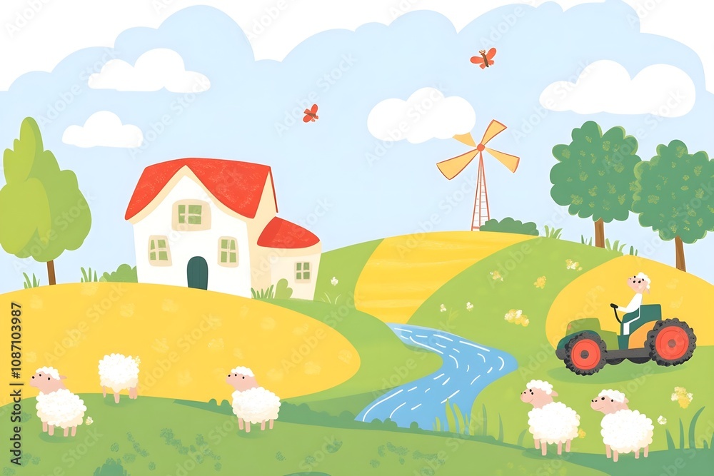 Beautiful landscape vector illustration of mountains, forests, fields and meadows. Stunning panoramic farm landscape with mountains in the background. Natural landscape Beautiful landscape vector illustration of mountains, forests, fields and meadows. Stunning panoramic farm landscape with mountains in the background. Natural landscape