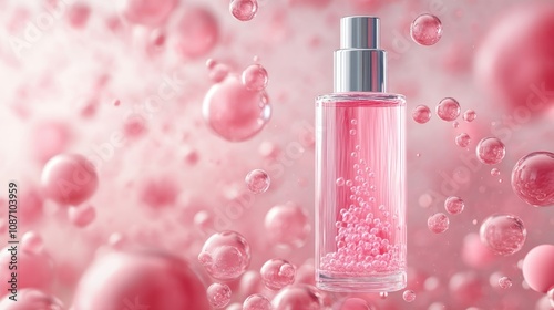 Cosmetic essence fluid featuring pink bubble molecules, designed for beauty product mockup and elegant presentation.