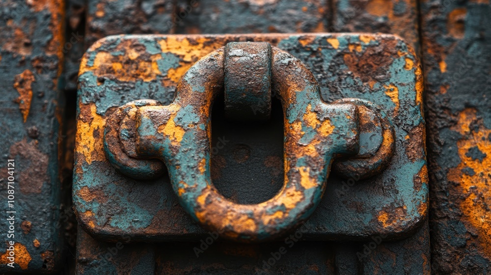 The close-up image showcases a rustic, weathered metallic lock with vibrant orange and blue hues, detailed in its intricate textures and colors, evoking a sense of history and mystery The close-up image showcases a rustic, weathered metallic lock with vibrant orange and blue hues, detailed in its intricate textures and colors, evoking a sense of history and mystery