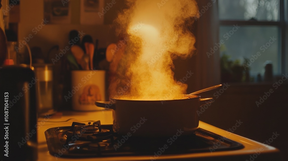 Warm Steam Rising from a Pot on a Stovetop in a Cozy Kitchen, Capturing the Essence of Home Cooking and Delicious Culinary Adventures Warm Steam Rising from a Pot on a Stovetop in a Cozy Kitchen, Capturing the Essence of Home Cooking and Delicious Culinary Adventures