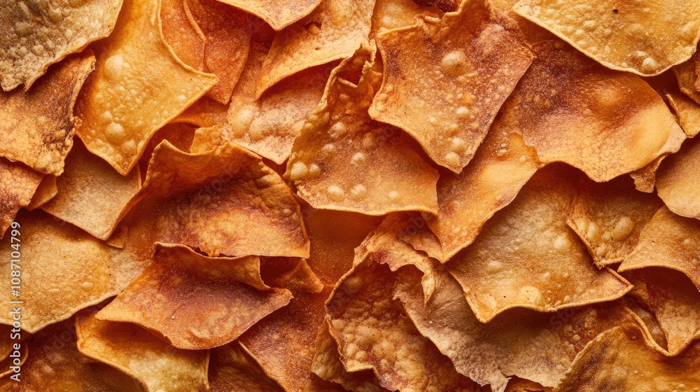 Crispy golden brown corn tortilla chips piled in a full frame background showcasing their texture and appealing crunchiness. Crispy golden brown corn tortilla chips piled in a full frame background showcasing their texture and appealing crunchiness.