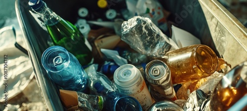 Overfilled Recycling Bin: A Visual Representation of Waste and Consumption photo