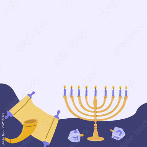 Hanukkah celebration symbols: menorah, dreidels, shofar, and torah scroll illustration.