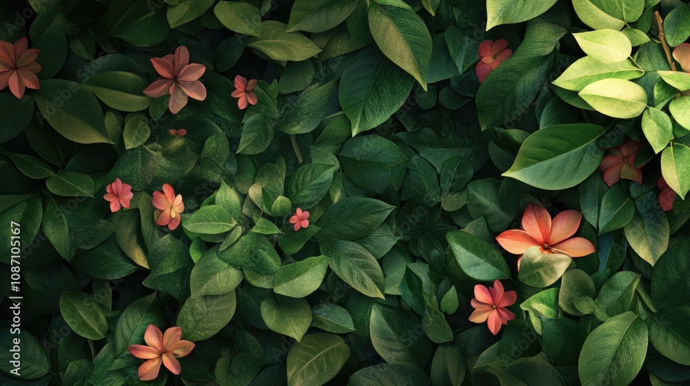 Fototapeta premium Vibrant floral backdrop featuring lush green leaves and delicate pink flowers, capturing the essence of nature's beauty.