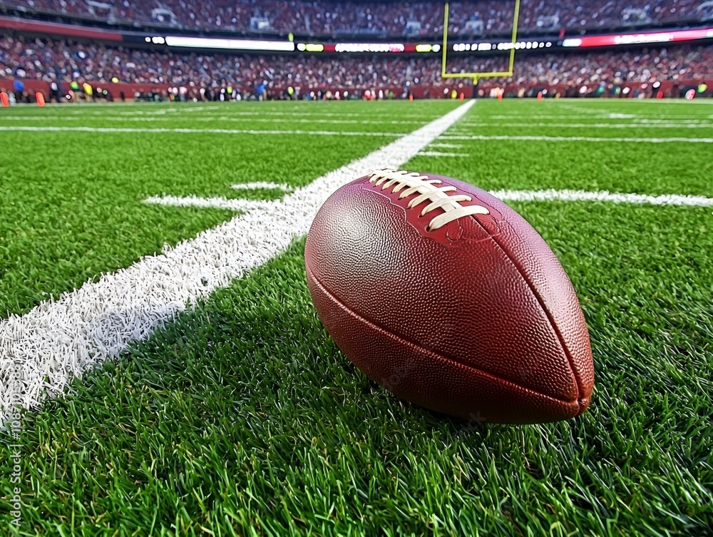 close-up of an American football ball on a field of green grass with markings, against the backdrop of a blurry stadium close-up of an American football ball on a field of green grass with markings, against the backdrop of a blurry stadium