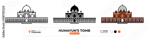 Humayun’s Tomb Line Icon. Delhi India, Silhouette, Color Symbol, Editable Stroke.
