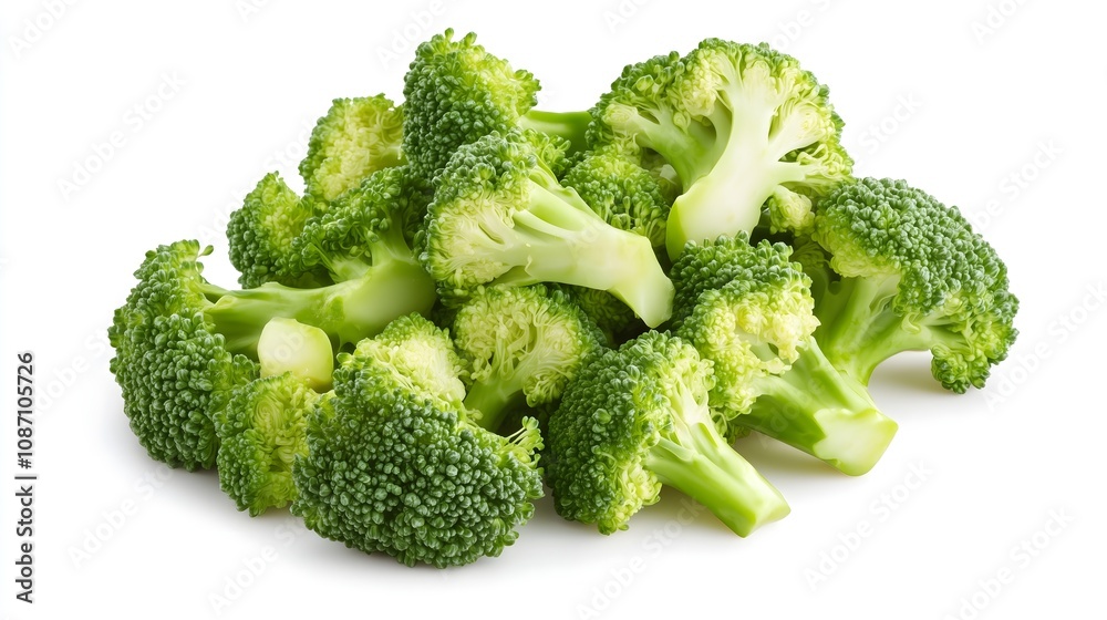 Fresh raw broccoli florets isolated on white background, clean bright green vegetable pieces, copy space Fresh raw broccoli florets isolated on white background, clean bright green vegetable pieces, copy space